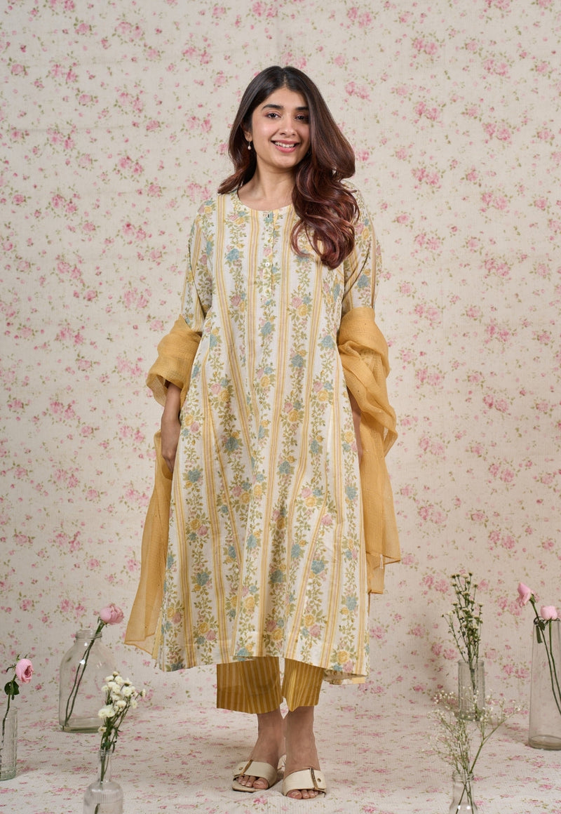 Ivy Yellow Sanganeri Mul Cotton Jhabbha Kali Kurta with Bead Work