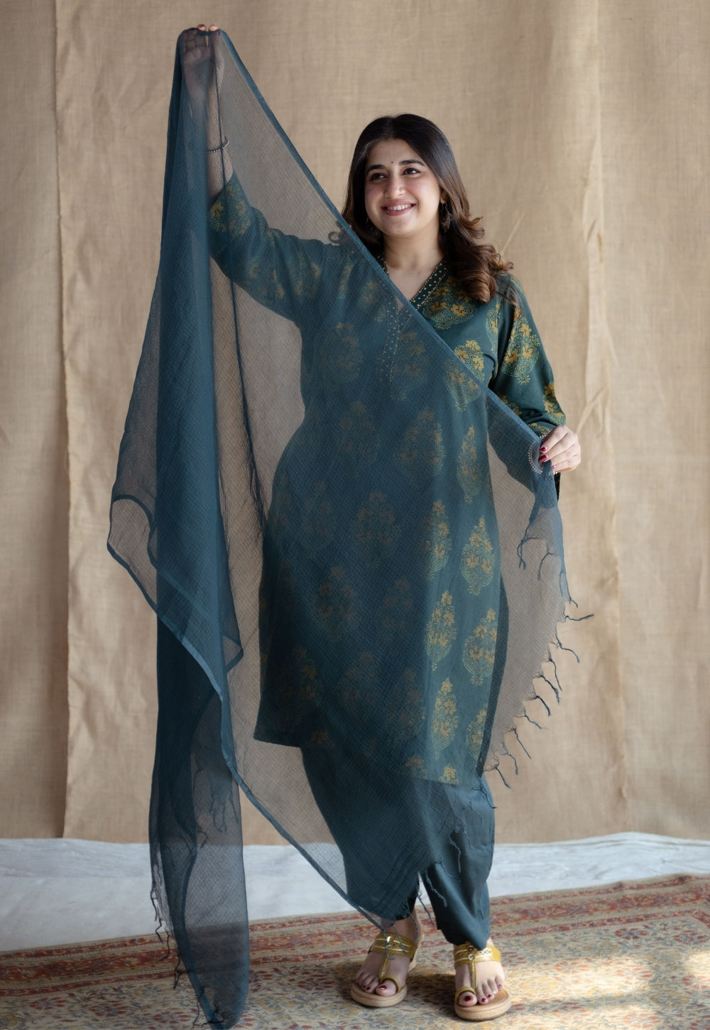 Sanya Green Ajrakh Cotton Straight Kurta with Hand Embroidery