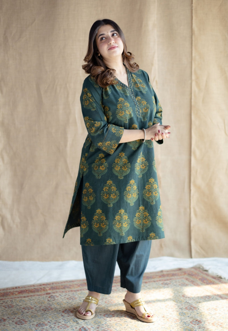 Sanya Green Ajrakh Cotton Straight Kurta with Hand Embroidery