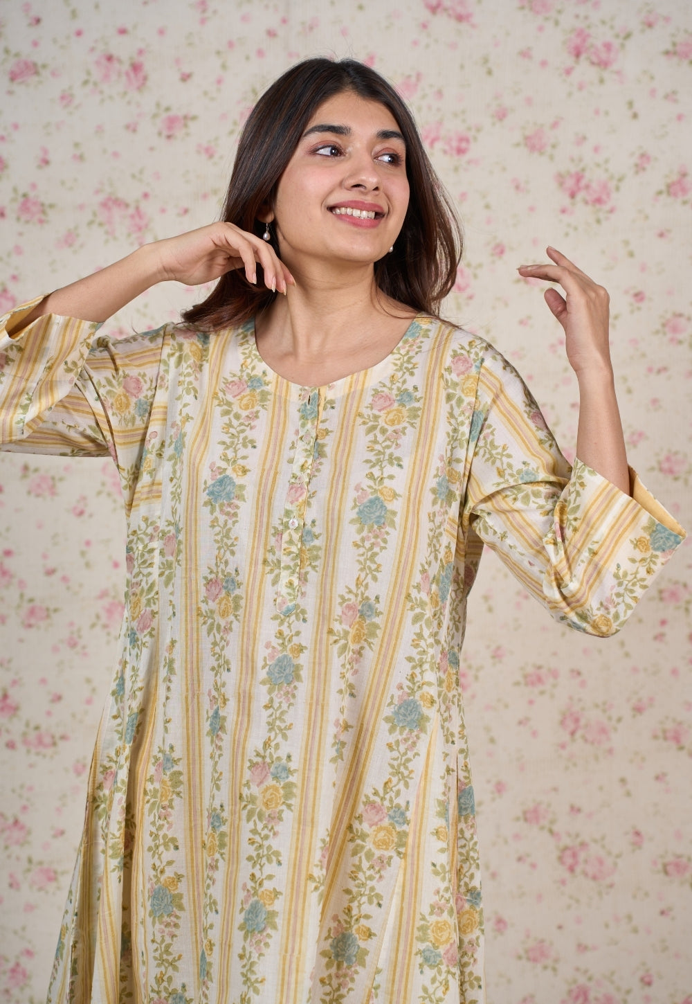 Ivy Yellow Sanganeri Mul Cotton Jhabbha Kali Kurta with Bead Work