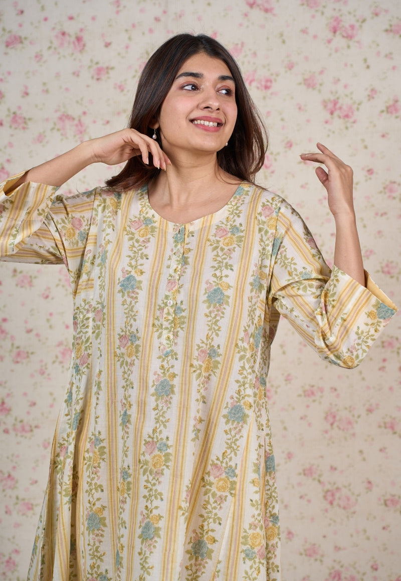 Ivy Yellow Sanganeri Mul Cotton Jhabbha Kali Kurta with Bead Work