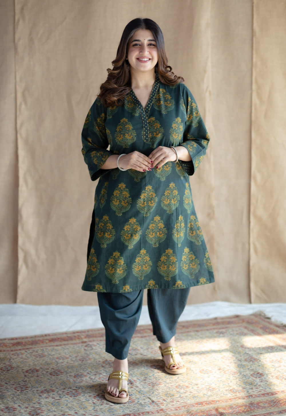 Sanya Green Ajrakh Cotton Straight Kurta with Hand Embroidery