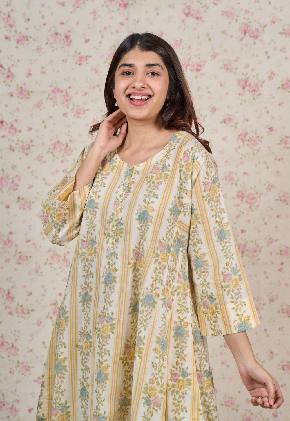 Ivy Yellow Sanganeri Mul Cotton Jhabbha Kali Kurta with Bead Work