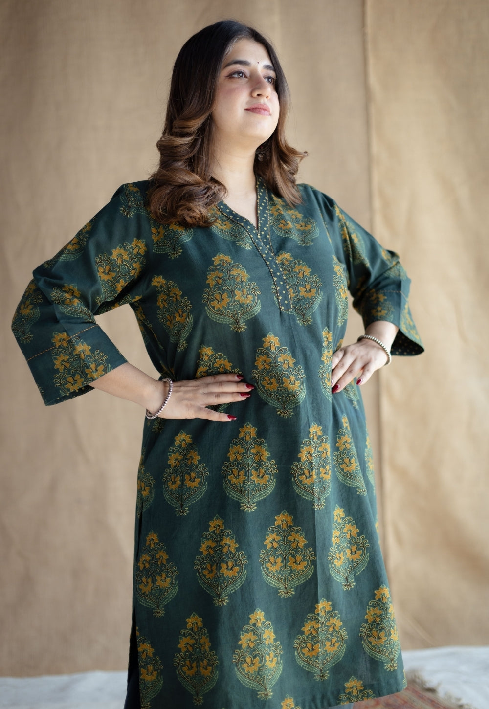 Sanya Green Ajrakh Cotton Straight Kurta with Hand Embroidery
