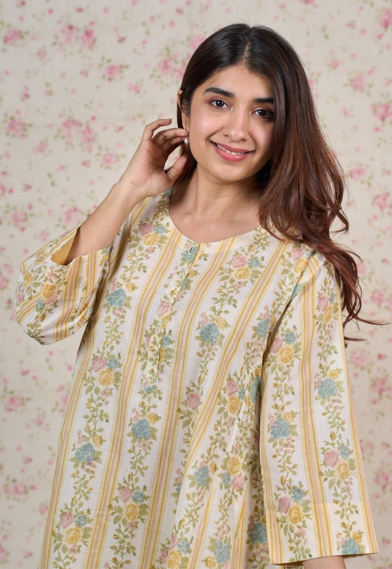 Ivy Yellow Sanganeri Mul Cotton Jhabbha Kali Kurta with Bead Work