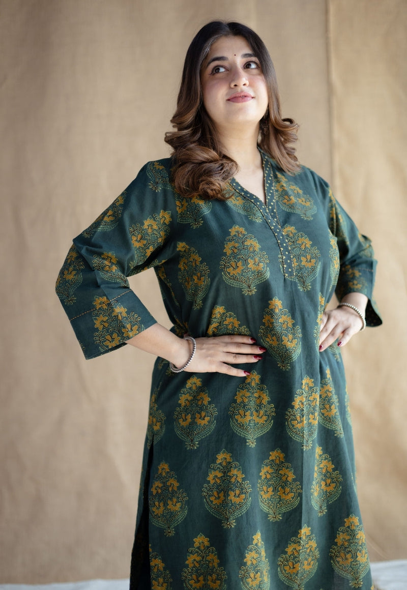 Sanya Green Ajrakh Cotton Straight Kurta with Hand Embroidery