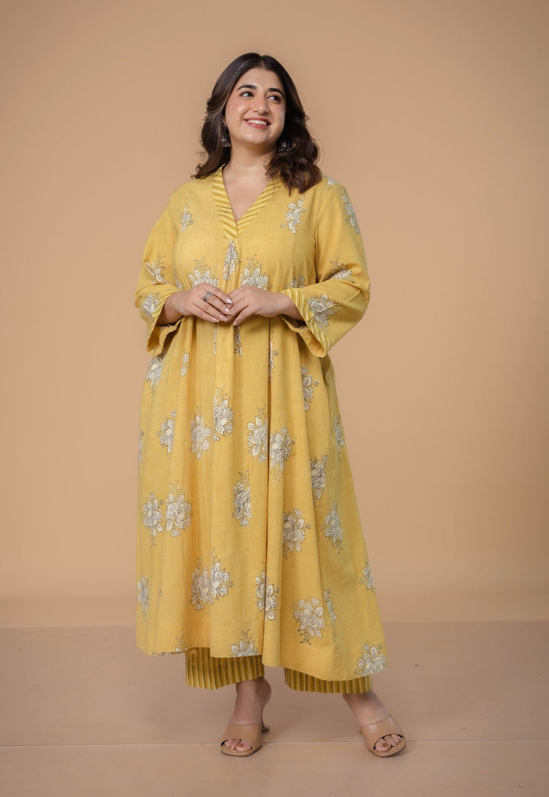 Sakhi Yellow Dabu Slub Cotton Kali Kurta