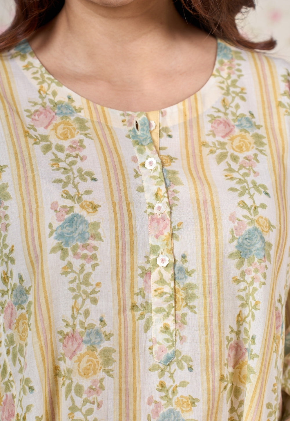 Ivy Yellow Sanganeri Mul Cotton Jhabbha Kali Kurta with Bead Work