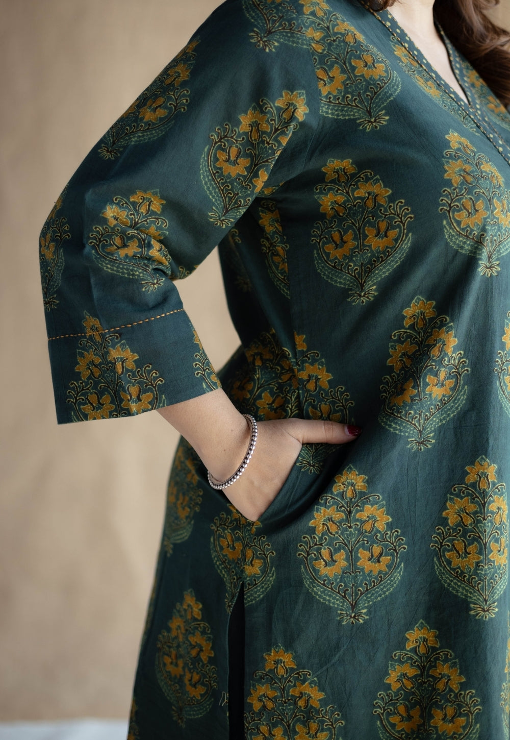 Sanya Green Ajrakh Cotton Straight Kurta with Hand Embroidery