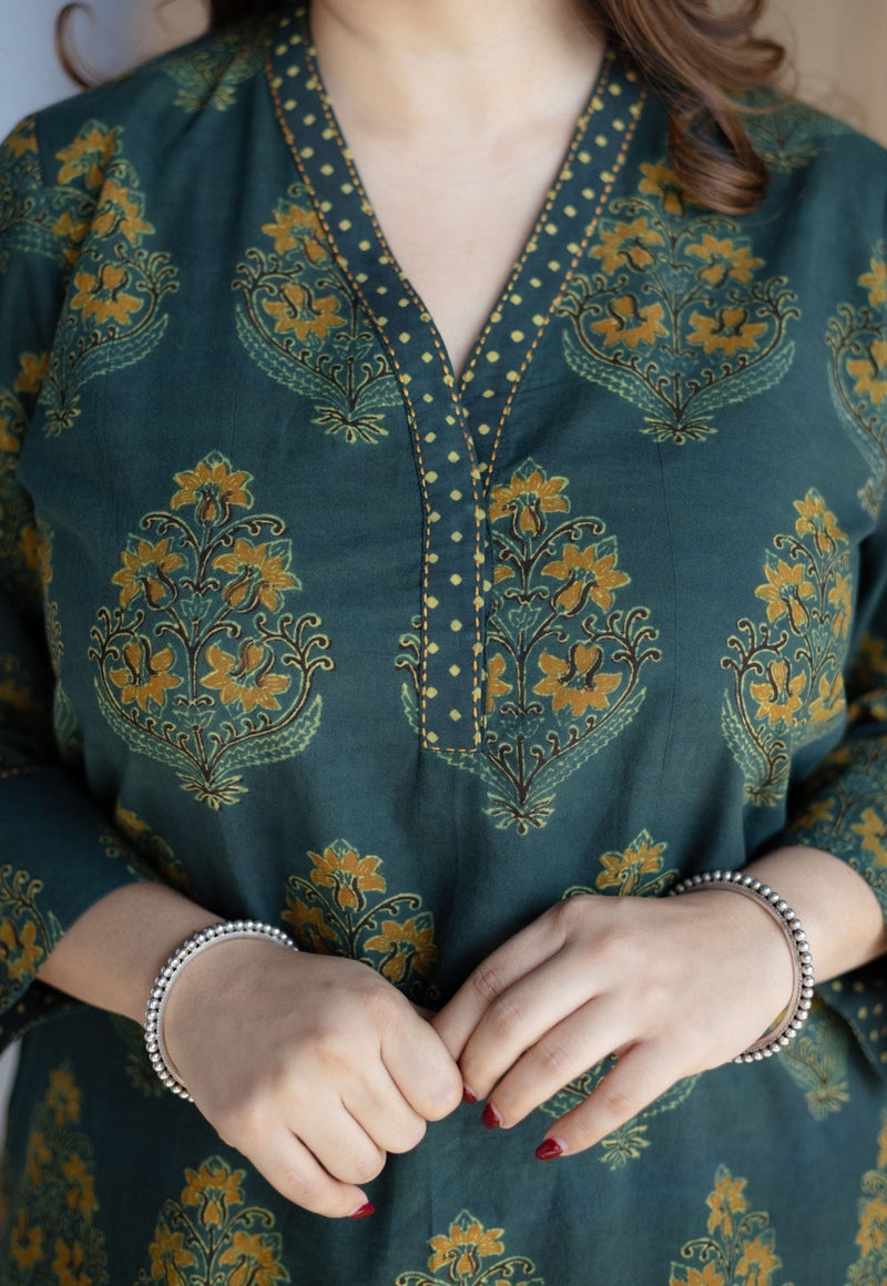 Sanya Green Ajrakh Cotton Straight Kurta with Hand Embroidery