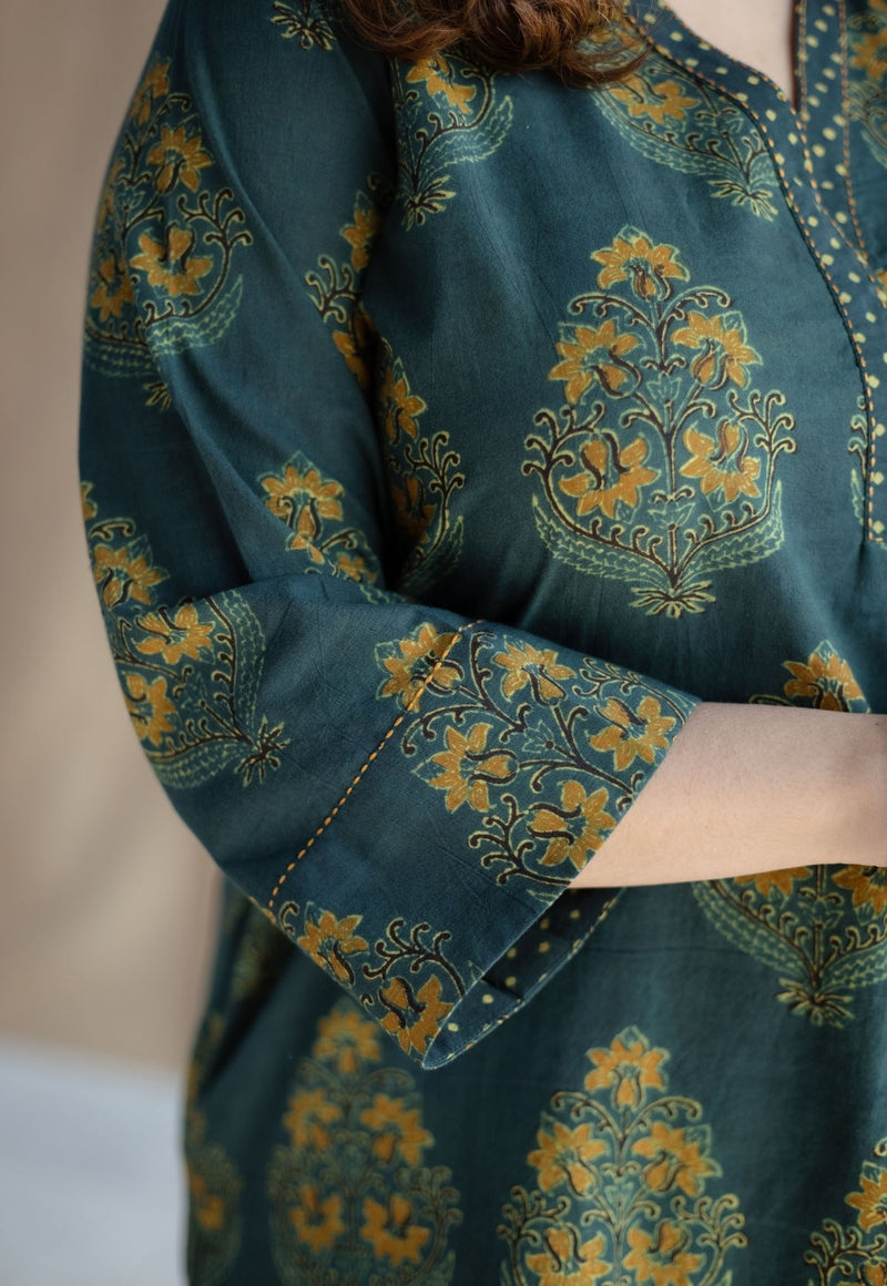 Sanya Green Ajrakh Cotton Straight Kurta with Hand Embroidery