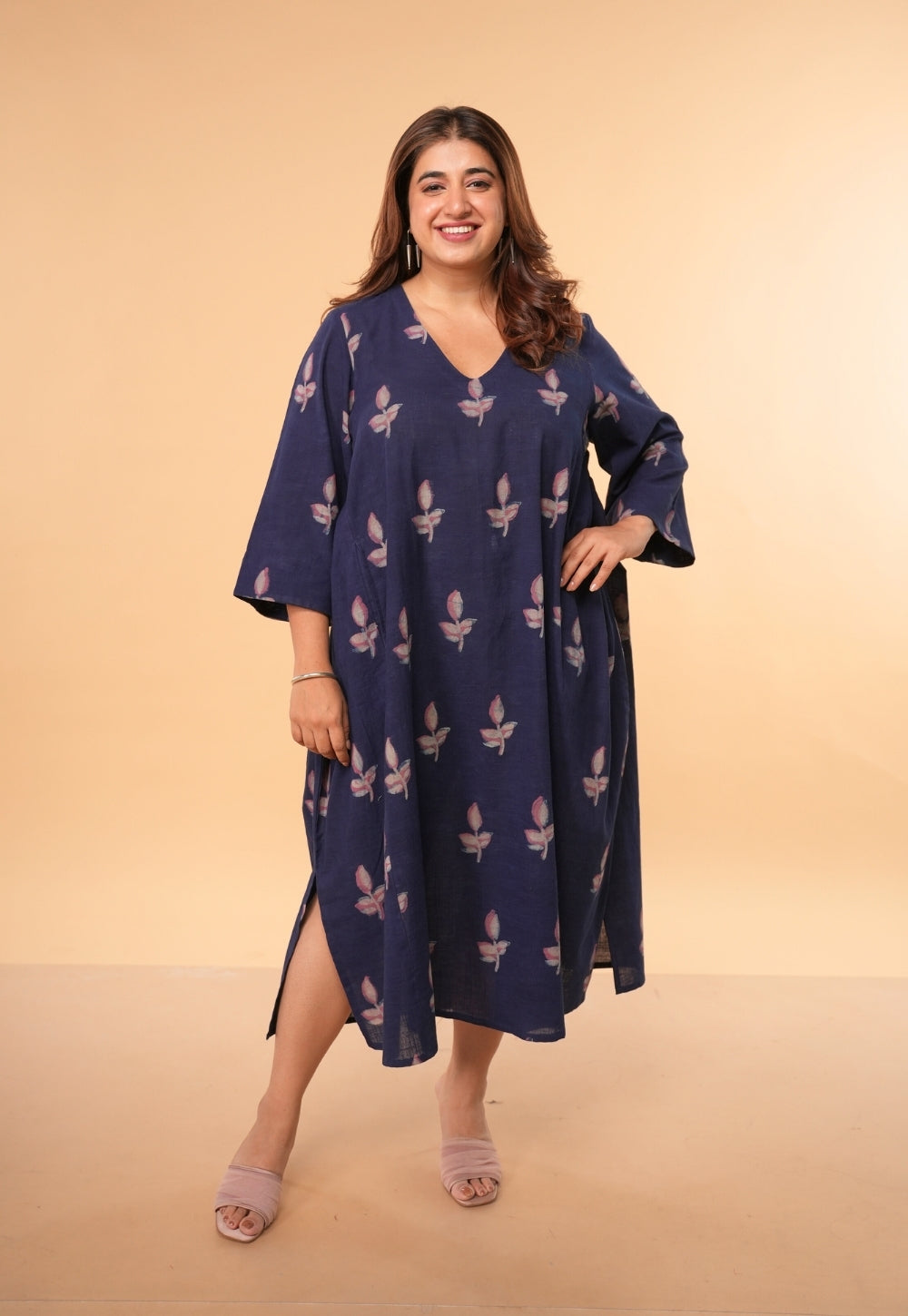 Vidya Blue Dabu Slub Cotton A Line Dress