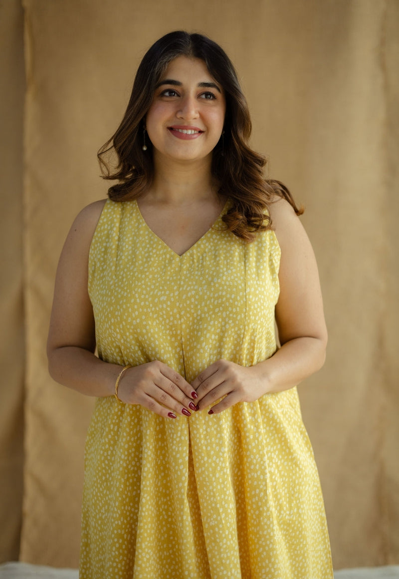 Aziza Mustard Hand Block Print Slub Cotton A Line Kurta