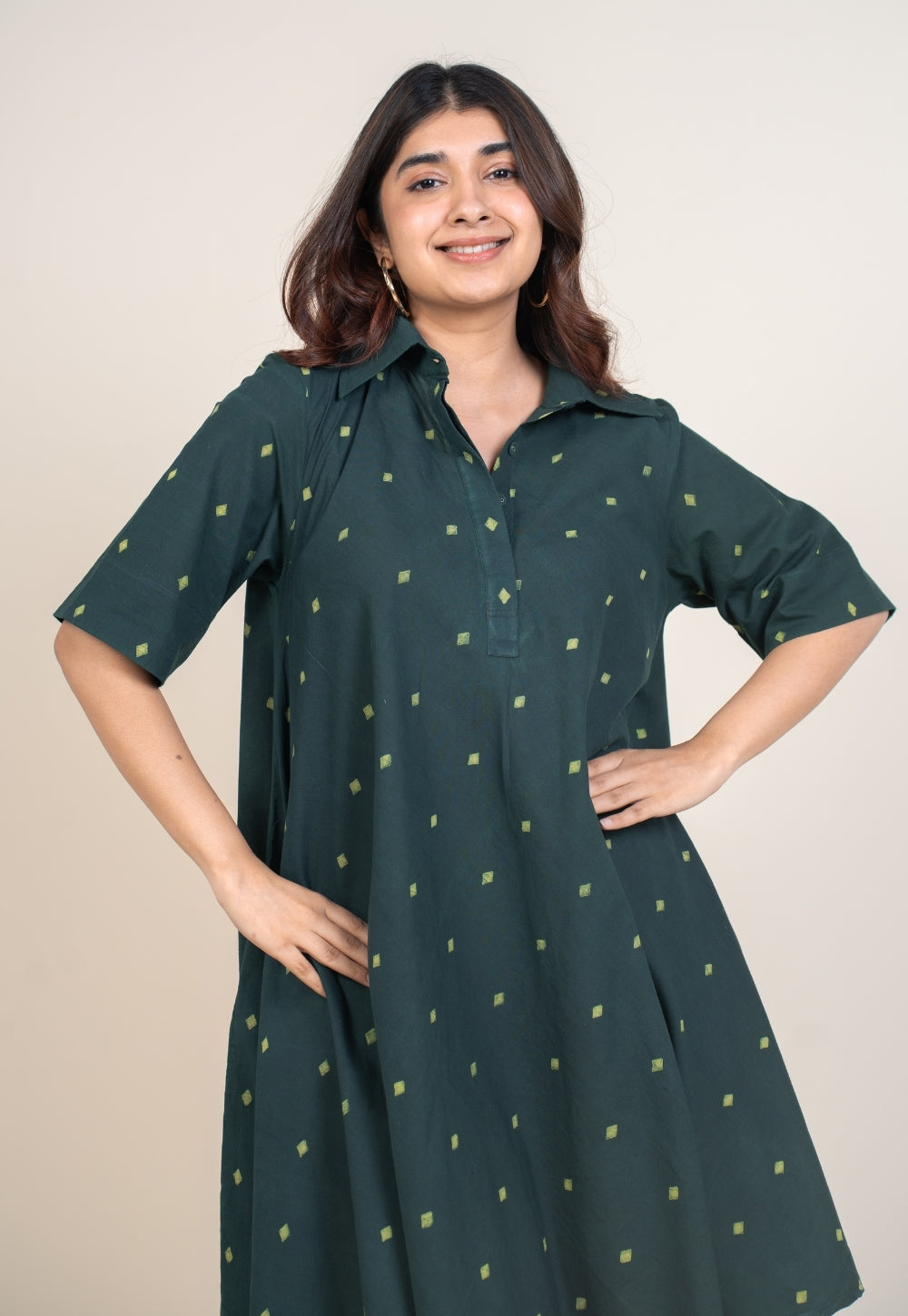 Srisha Green Dabu Cotton A Line Dress