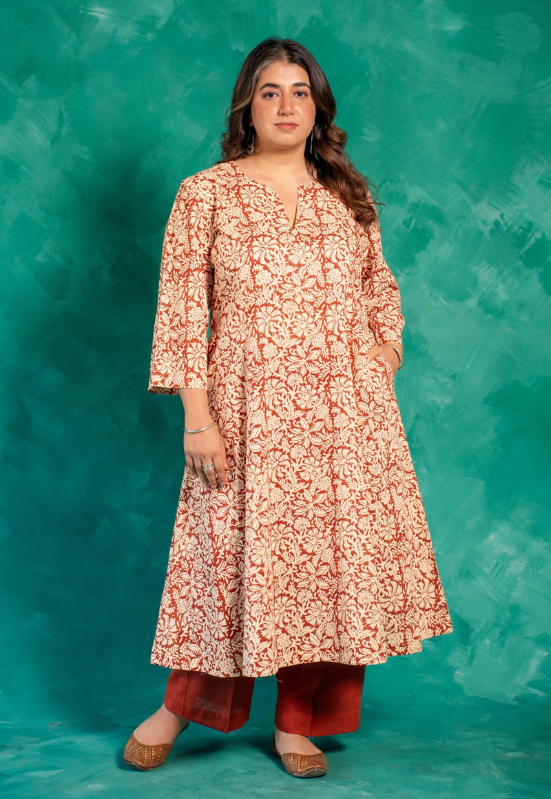 Malika Red Bagru Cotton Kali Kurta