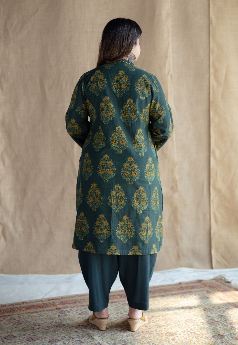 Sanya Green Ajrakh Cotton Straight Kurta with Hand Embroidery