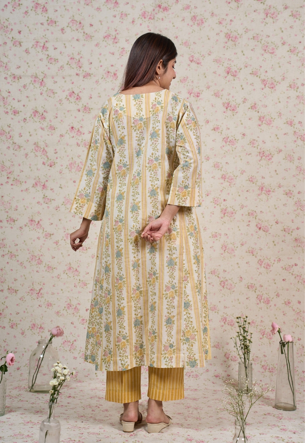 Ivy Yellow Sanganeri Mul Cotton Jhabbha Kali Kurta with Bead Work
