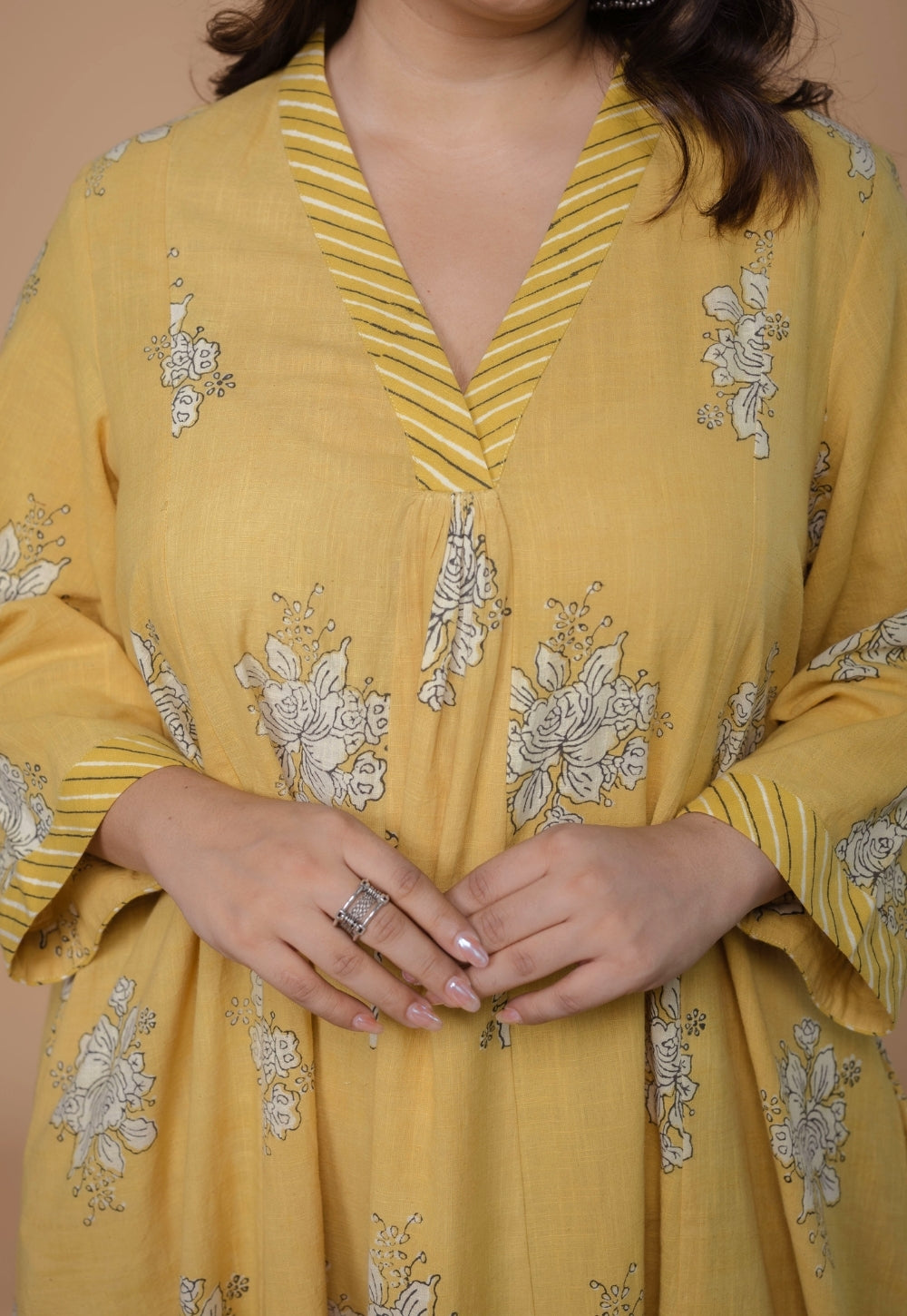 Sakhi Yellow Dabu Slub Cotton Kali Kurta