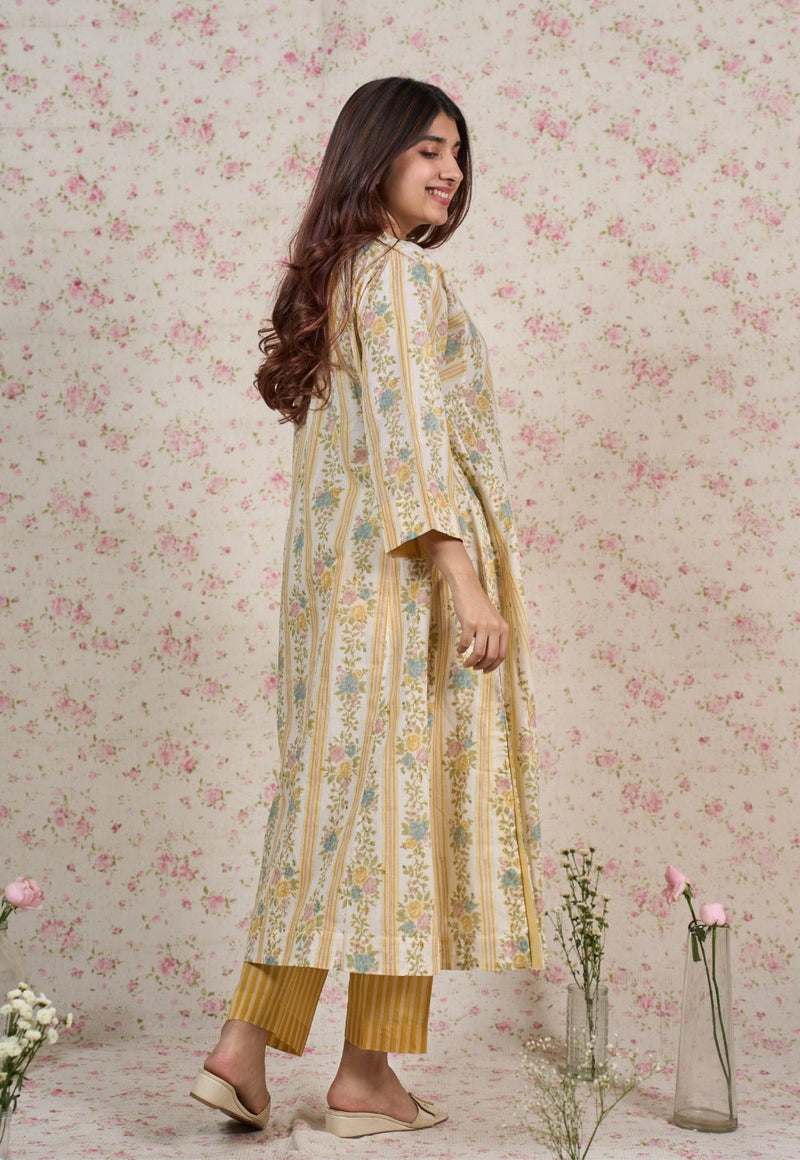 Ivy Yellow Sanganeri Mul Cotton Jhabbha Kali Kurta with Bead Work