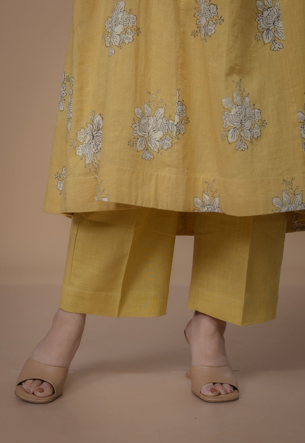 Yashi Yellow Solid Slub Cotton Straight Palazzo Pant