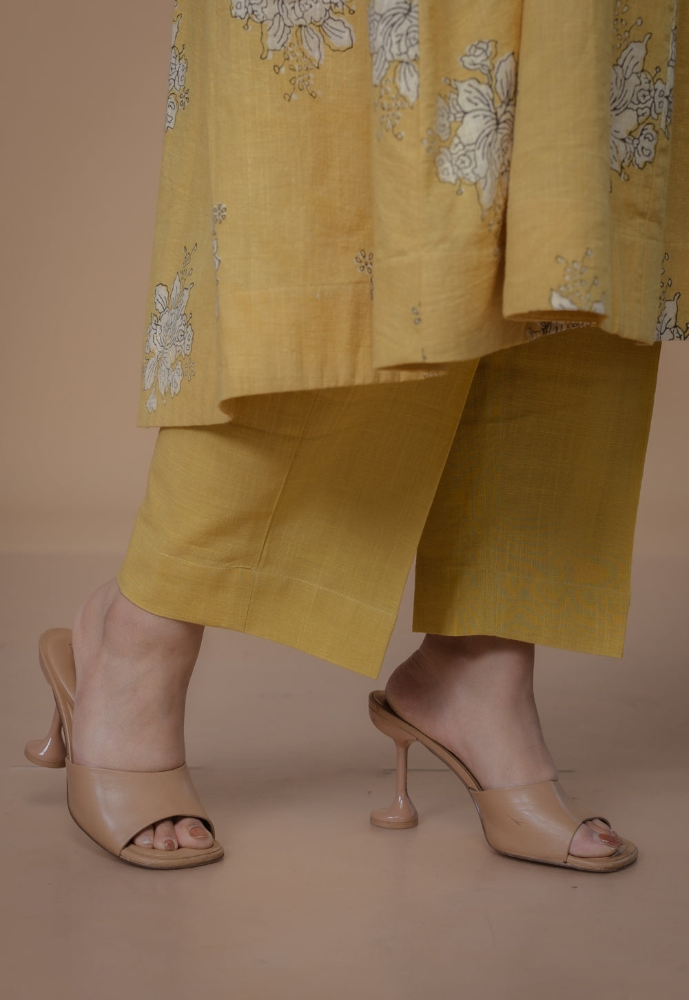 Yashi Yellow Solid Slub Cotton Straight Palazzo Pant