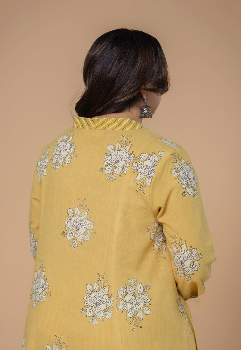 Sakhi Yellow Dabu Slub Cotton Kali Kurta