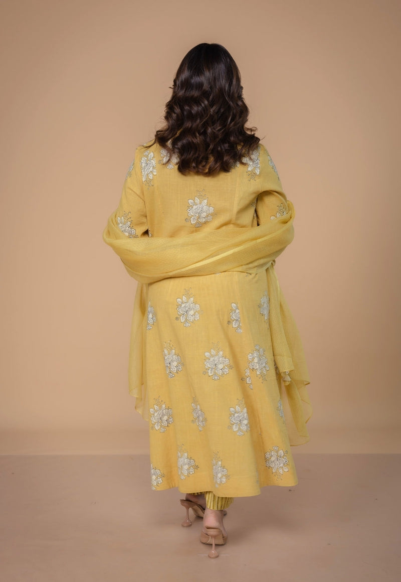 Sakhi Yellow Dabu Slub Cotton Kali Kurta