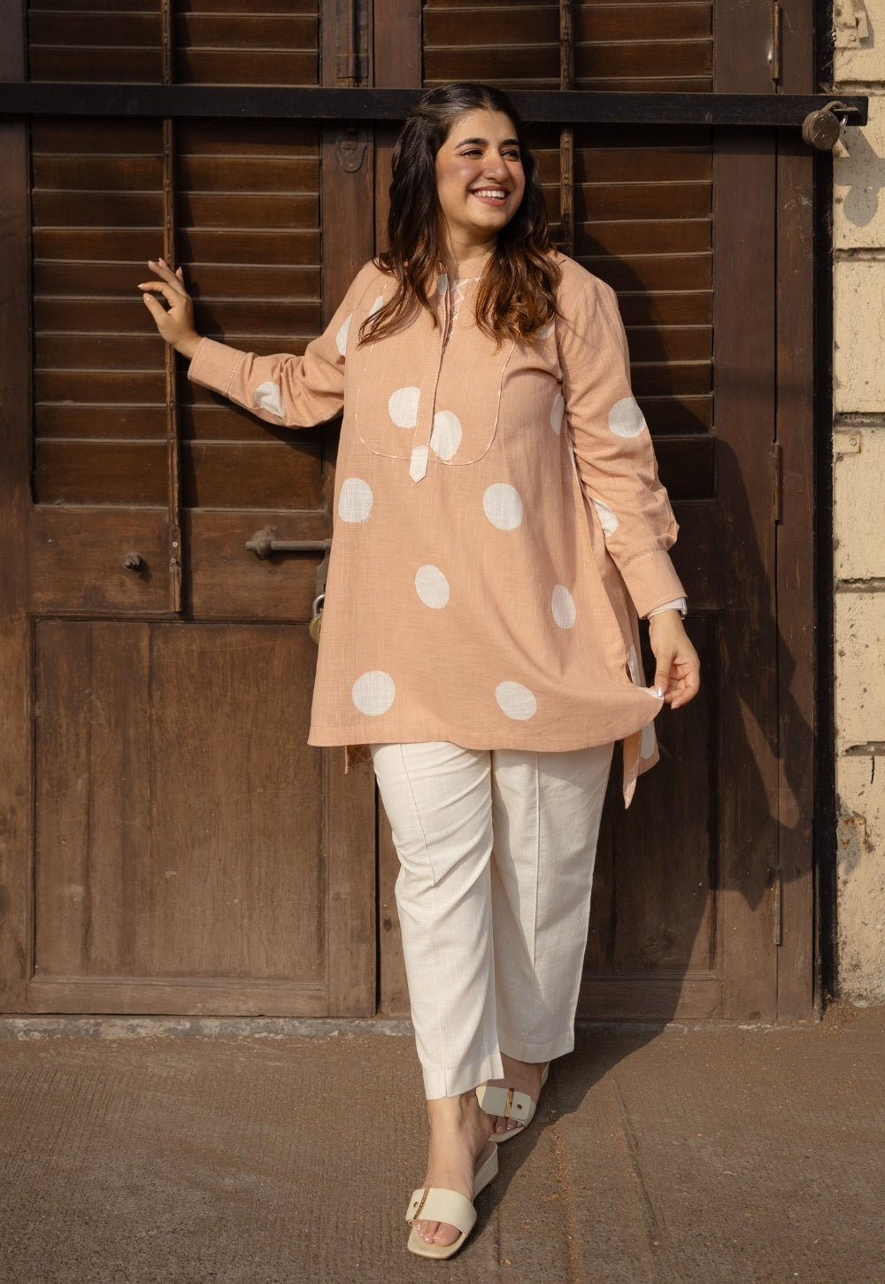Naaz Peach Hand Block Print Slub Cotton A Line Short Top with Hand Embroidery