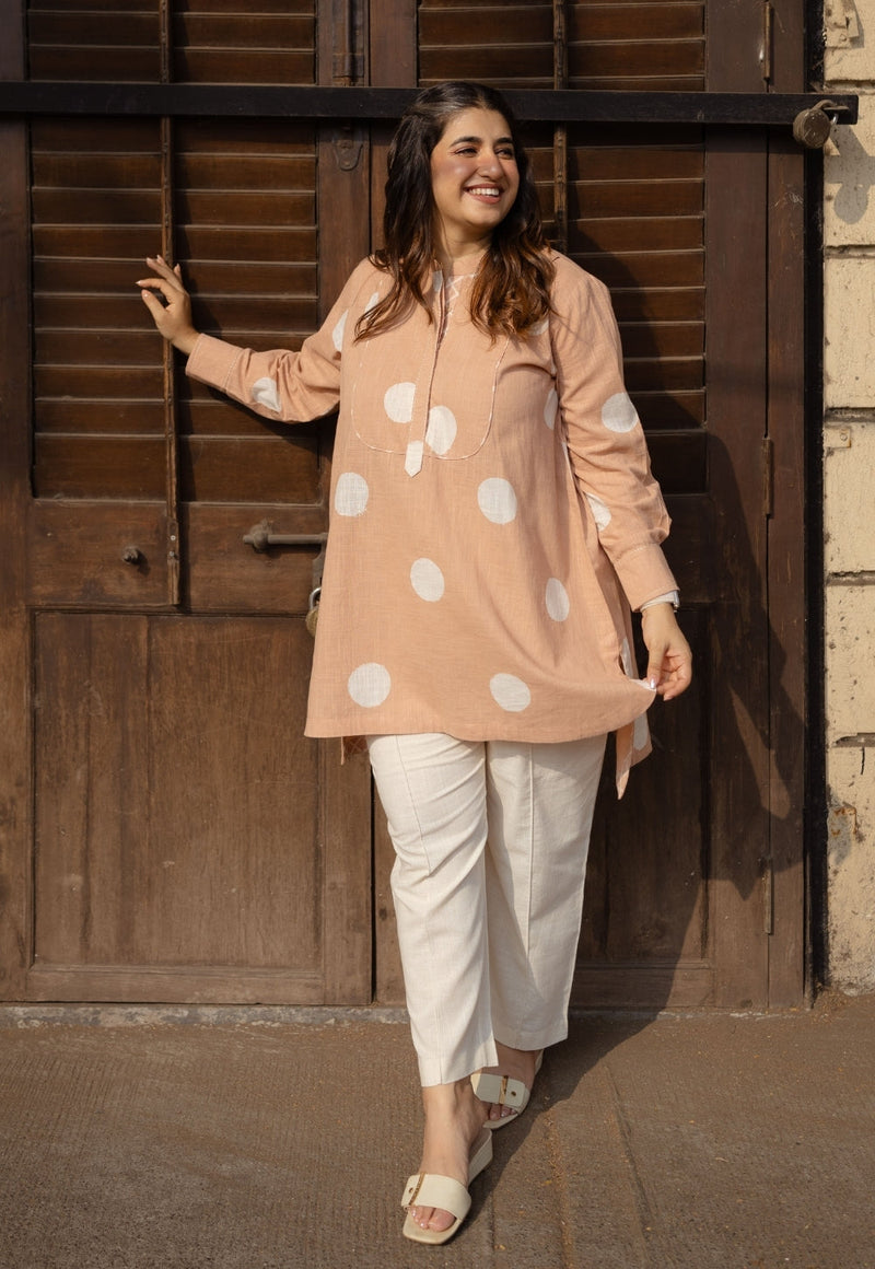 Naaz Peach Hand Block Print Slub Cotton A Line Short Top with Hand Embroidery