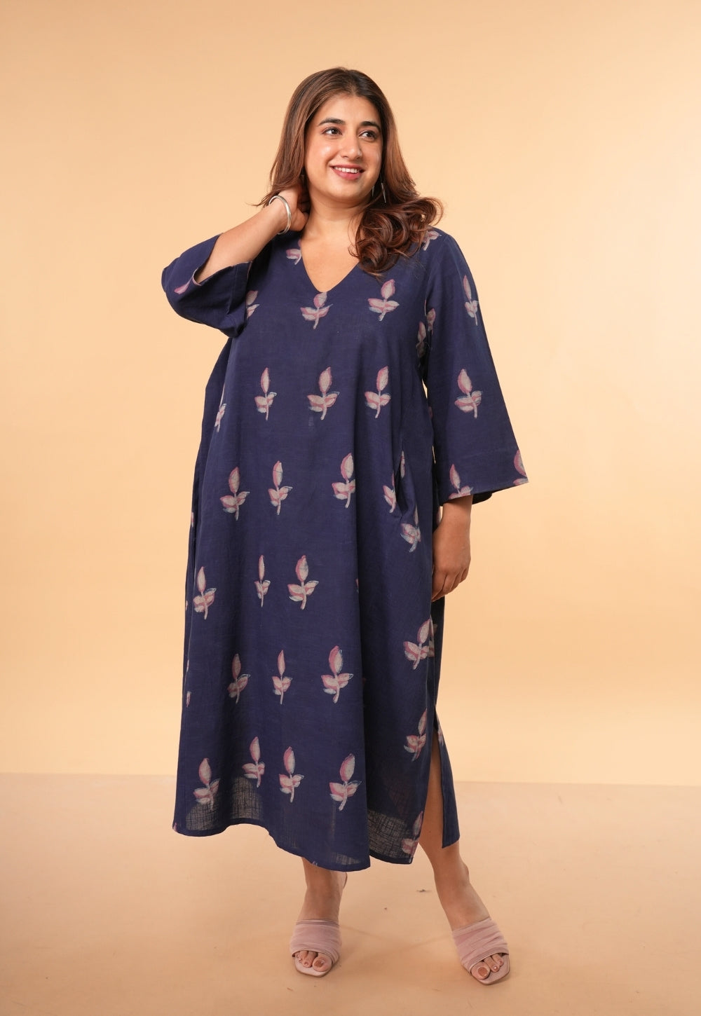 Vidya Blue Dabu Slub Cotton A Line Dress
