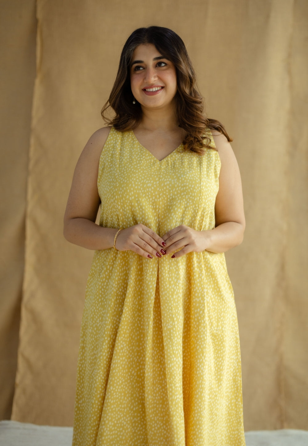 Aziza Mustard Hand Block Print Slub Cotton A Line Kurta