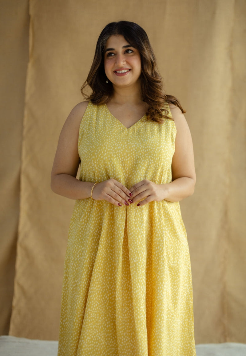 Aziza Mustard Hand Block Print Slub Cotton A Line Kurta