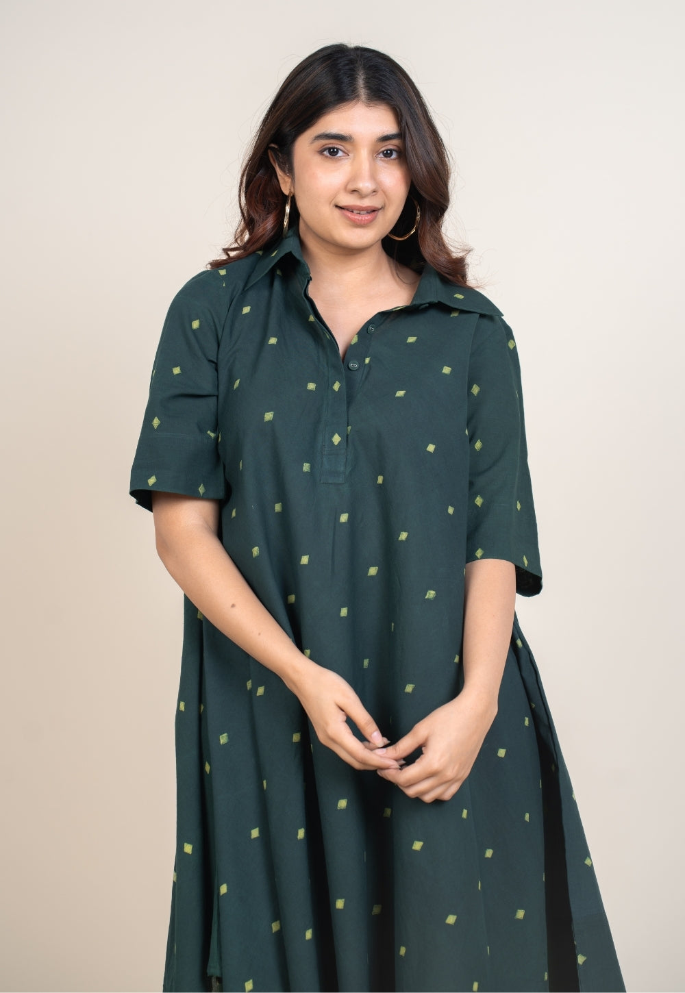 Srisha Green Dabu Cotton A Line Dress