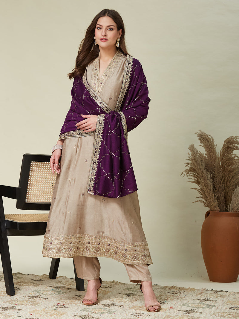 Mamitha baiju - Grey Embroidered Silk Anarkali Kurta With Purple Dupatta Set