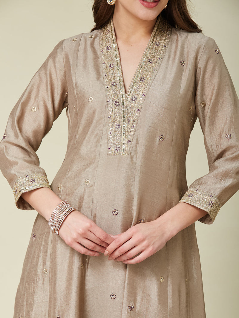 Mamitha baiju - Grey Embroidered Silk Anarkali Kurta With Purple Dupatta Set