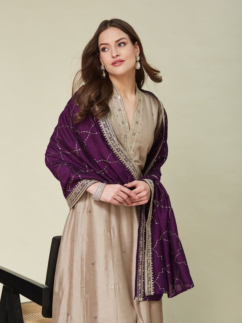 Mamitha baiju - Grey Embroidered Silk Anarkali Kurta With Purple Dupatta Set