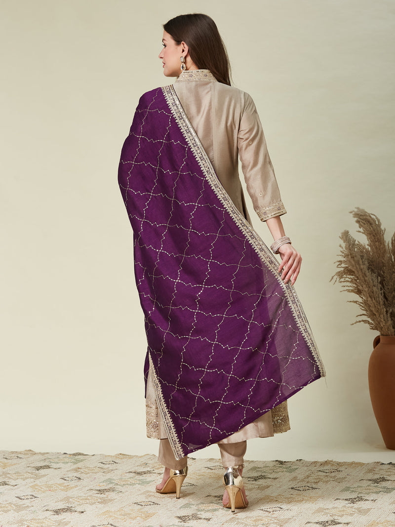 Mamitha baiju - Grey Embroidered Silk Anarkali Kurta With Purple Dupatta Set