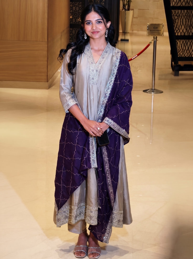 Mamitha baiju - Grey Embroidered Silk Anarkali Kurta With Purple Dupatta Set
