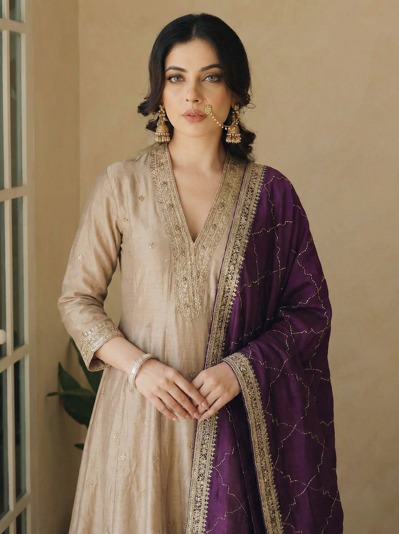 Mamitha baiju - Grey Embroidered Silk Anarkali Kurta With Purple Dupatta Set