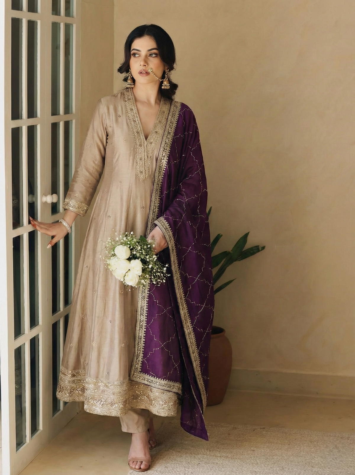 Mamitha baiju - Grey Embroidered Silk Anarkali Kurta With Purple Dupatta Set