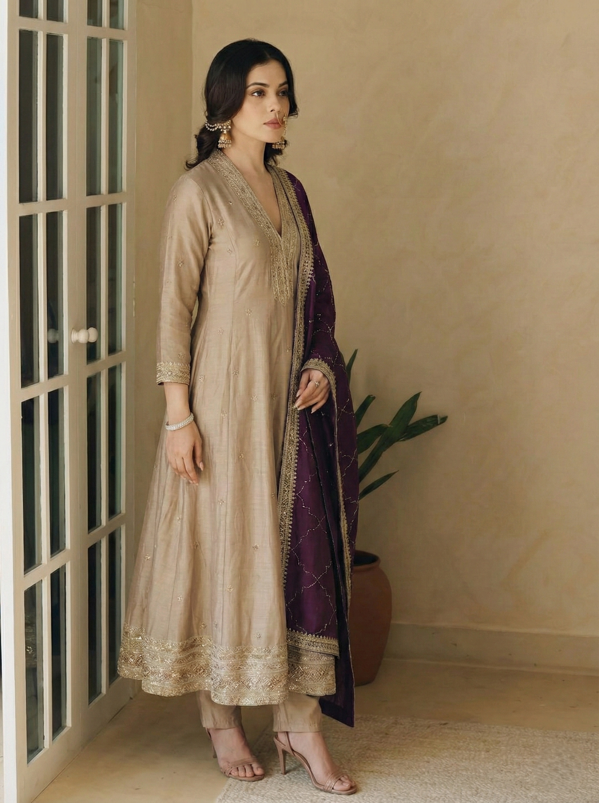 Mamitha baiju - Grey Embroidered Silk Anarkali Kurta With Purple Dupatta Set