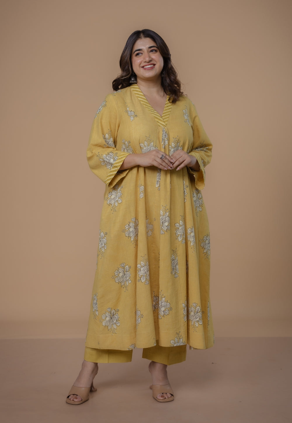 Yashi Yellow Solid Slub Cotton Straight Palazzo Pant
