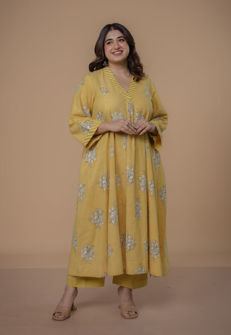 Yashi Yellow Solid Slub Cotton Straight Palazzo Pant