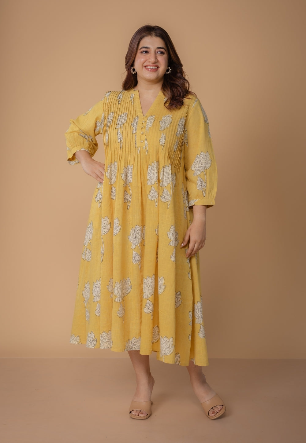 Janvi Yellow Dabu Slub Cotton A Line Dress