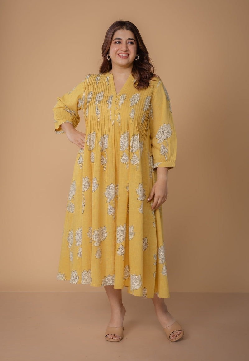 Janvi Yellow Dabu Slub Cotton A Line Dress