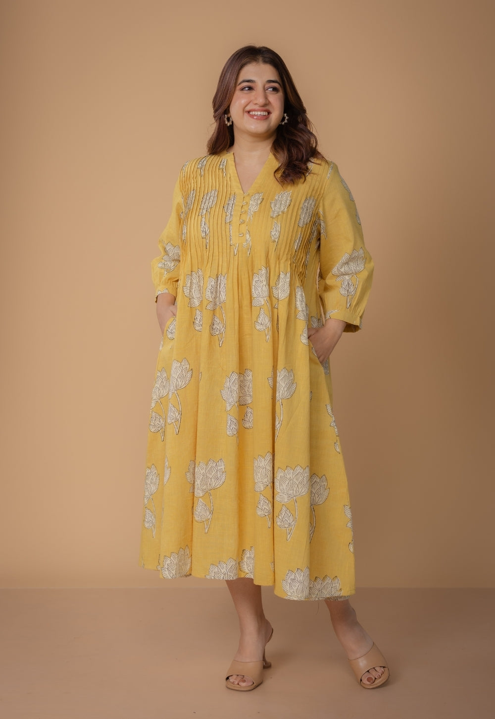 Janvi Yellow Dabu Slub Cotton A Line Dress