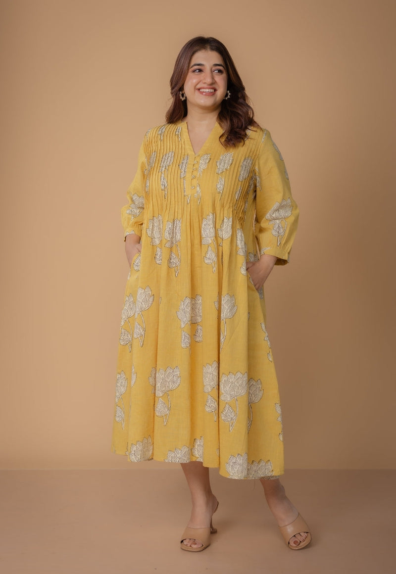 Janvi Yellow Dabu Slub Cotton A Line Dress