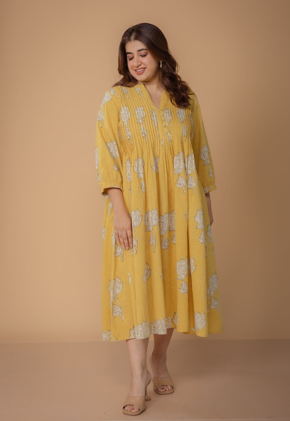 Janvi Yellow Dabu Slub Cotton A Line Dress