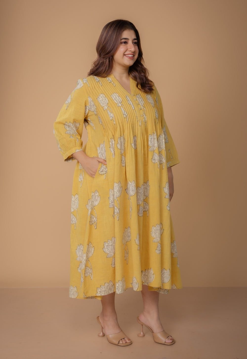 Janvi Yellow Dabu Slub Cotton A Line Dress