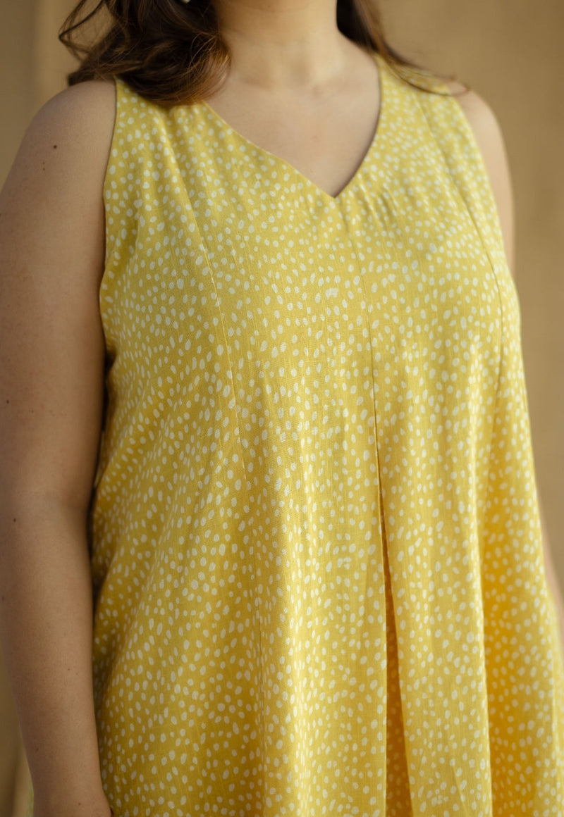 Aziza Mustard Hand Block Print Slub Cotton A Line Kurta